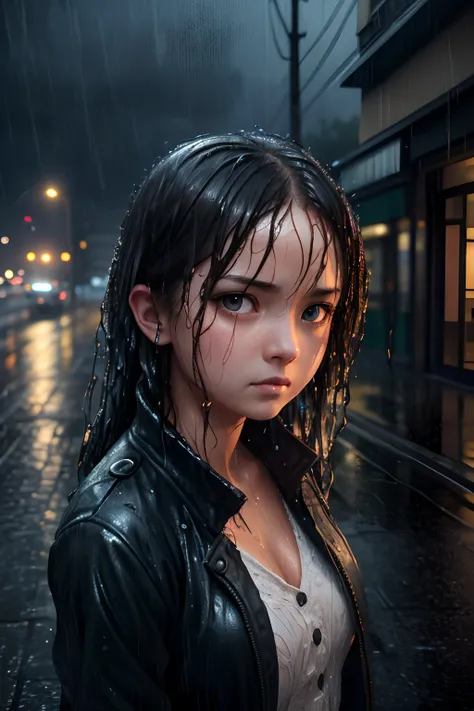 (dynamic angle:1.1), (cute face:1.2), dark sky, (nighttime:1.2), (rainy weather:1.2), photo of angry girl in the street, looking to the side, (wet hair:1.3), volumetric light, masterpiece, 8k, (best quality:1.3), (intricate details:1.1), subsurface scatter...