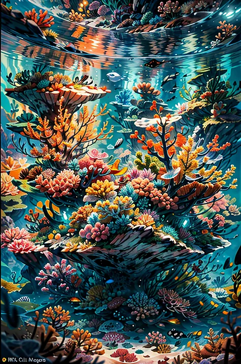 deep sea background, undersea scene, underwater light, under water castle, colorful small fishes, colorful coral reef grow on a ...