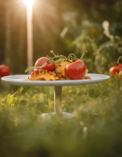 A crisp dish with pizza-shaped roasted eggplants and cherry tomato sauce, cogumelos, peppers and grated cheese, decorado com cebolinha, em uma mesa bonita e decorada, fundo natural, Summer day, clima quente, alto detalhe, alto brilho, detalhes excessivos, ...