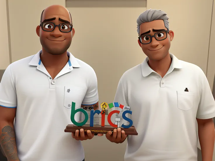 dois homens de meia idade estilo disney pixar, The man on the left is bald with gray hair on the sides, wears rectangular glasses, has dark brown skin and hair on her arm. O outro a direita tem mais cabelo e tem alguns fios brancos no cabelo, wears rectang...