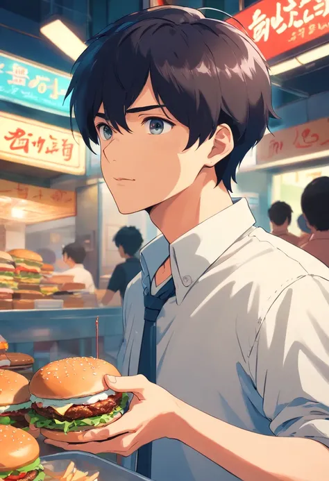 "A masterpiece illustration of a young man with black hair and eyes as an ambitious young man looking at the crowded burger joint he conquered, With perfect body proportions and an impeccably detailed head, in high definition."