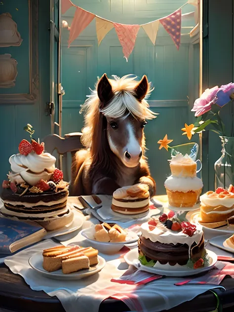 cute pony on a chair, eat cake on the table,