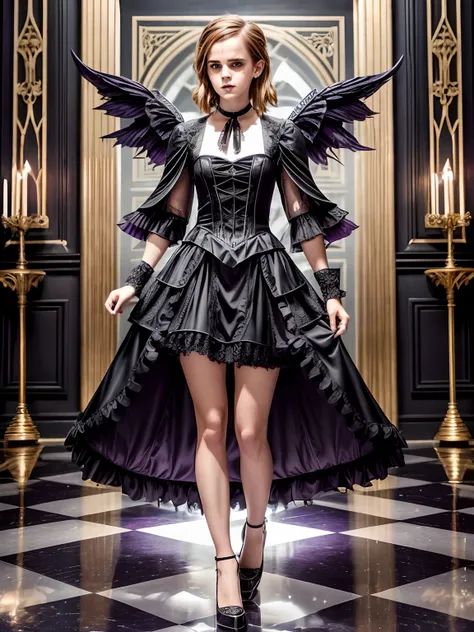 there is a woman ((Emma Watson)) in a dress and mask standing in a room, gothic and futuristic, on a checkered floor, dark fantasy female magician, gothic clothing, gothic fashion, cosplay on black harley queen, angel knight gothic girl, gothic style, goth...