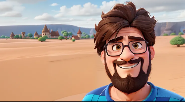 A brunette man with glasses, barba, cabelo cacheado, estilo disney pixar, alta qualidade, melhor qualidade