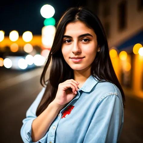 RAW photo, a portrait photo of 20 y.o italian woman in casual clothes, nigth, city street, (high detailed skin:1.2), 8k uhd, dslr, soft lighting, high quality, film grain, Fujifilm XT3