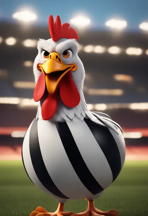 Cartoon character of a Rooster with black and white striped shirt in football stadium, animation character, Caractere estilizado, animation style rendering, 3D estilizado, Arnold Maya render, 3 d render stylized, toon render keyshot, Personagem 3D, Persona...