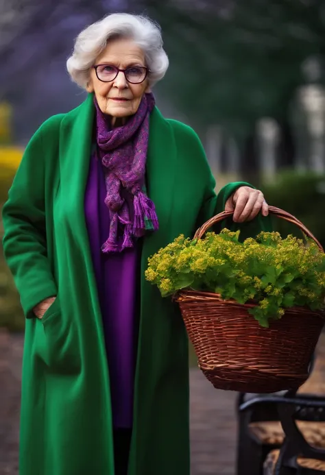 masterpiece, best quality, an old woman with glasses and a scarf on, wearing a purple coat and green scarf, standing at the park