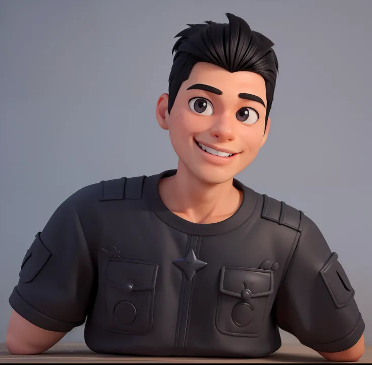 Criar a foto acima ao estilo Disney Pixar, 3D, homem, 20 anos, cabelos pretos, olhos pretos, black hair, shaved face, penteado para cima, sorrindo, pele branca, Preserving the characteristics of the characters in the photo