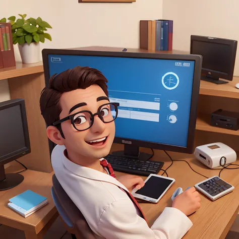 man doctor in computer, brown eyes, glasses, happy, telemedicina