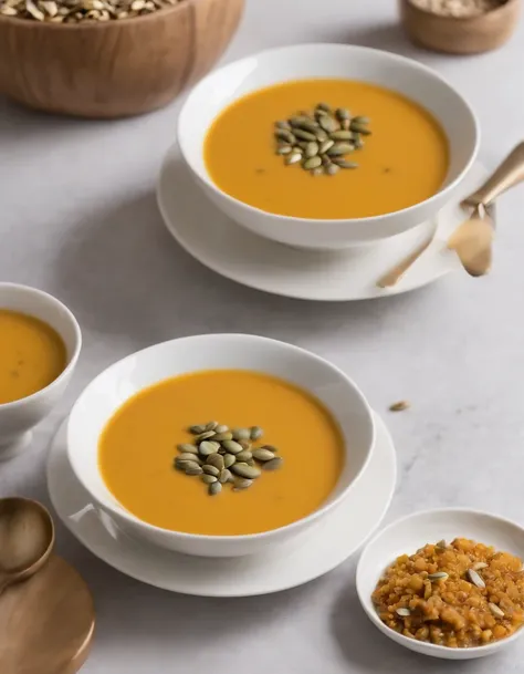 A crisp plate with a bowl of pumpkin soup, curry e leite de coco, with toasted pumpkin seeds for garnish, em uma mesa bonita e decorada, fundo natural, Summer day, clima quente, alto detalhe, alto brilho, detalhes excessivos, surrealismo, luz suave, studio...