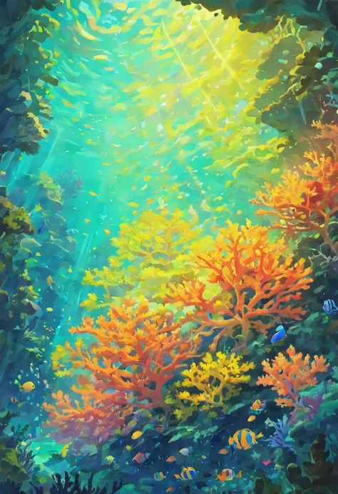 Colorful coral reefs，（（Underwater Kingdom）），Glowing underwater plants，Yayoi Kusama，Dreamy，Dreamlike scenery，Various seabed creatures，Rich in color，Colorful colorful，