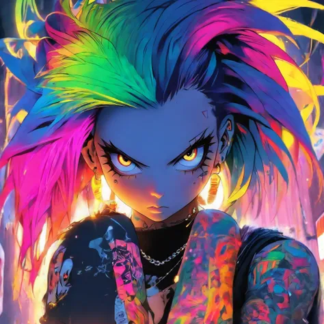 The most beautiful and sexy punk rock girl, rainbow colored hair, yellow eyes, light skin, wearing a hoodie, graphic t-shirt and torn skinny jeans, tons of tattoos and piercings, perfect masterpiece, high quality, high resolution