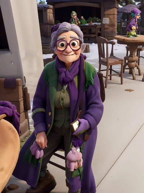 masterpiece, best quality, an old woman with glasses and a scarf on, wearing a purple coat and green scarf, standing at the park