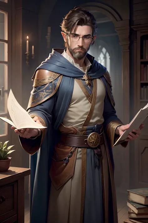 ((masterpiece:1.2, best quality, ultra realistic, no beard, short hair)), a pencil drawing of an old half-elven man with glasses and a very short beard wearing a blue robe with light orange decorations casting ice magic, slick cut hair, short cut beard, st...