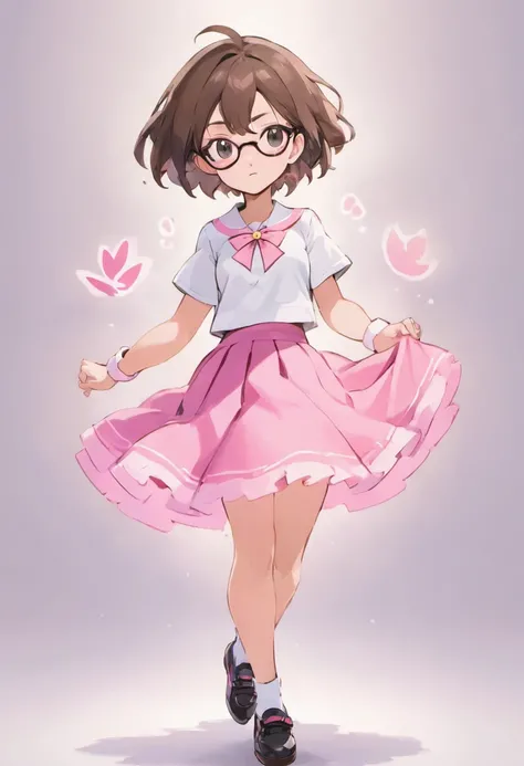 one beautiful fancy gorgeous teenage girl with short brown hair and brown eyes, wears a white shirt, wears a pink skirt, wears black shoes, wears white glasses, highly detailed