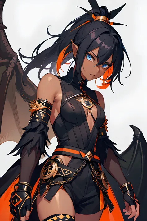 1girl , (((Dark Skin)))), Black Hair with Ponytail, (((Blue Eyes))), ((Black Metallic Gauntlets and Greaves with Orange and Silver Highlights)), (((The Clothes Have a Mix of Modern and Tribal))), (((The Clothes Have a Mix of Modern and Tribal))),  having m...