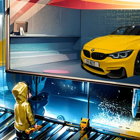 there is a man in a yellow raincoat standing in front of a yellow car, commercial illustration, bmw, inspired by liam wong, wojt...