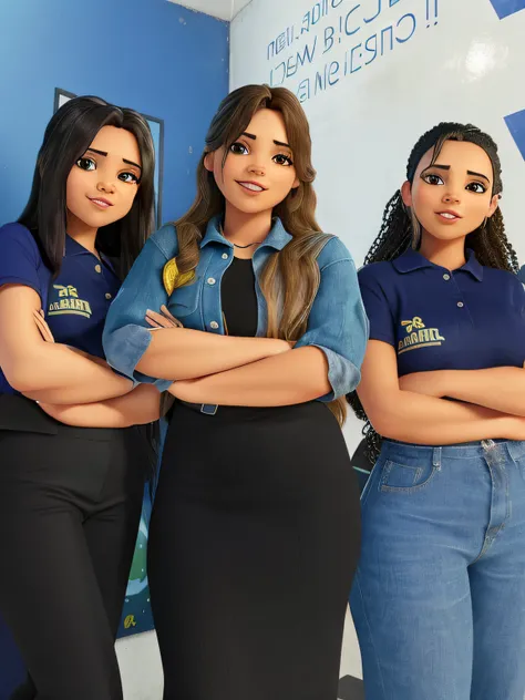 Three women standing in front of a wall with a sign behind them, imagem do avatar, J, imagem limpa, foto corporativa, imagem frontal, Beautiful image, em um fundo escuro, imagem de fundo, citrinitas, imagem empilhada, Latino, estilo disney pixar