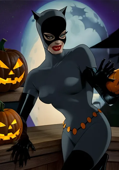 Halloween da Catwoman estilo DC Comics by Jim lee, Batman at Halloween party, With a Catwoman, witches and pumpkins