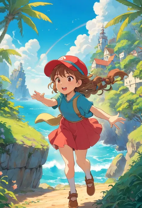 A boy with brown hair and a red cap; sorrindo; segurando um mapa do tesouro; A girl with blonde braids; usando um vestido azul; is looking at the map with a curious look.
Um garotinho com cabelos arrepiados; usando uma camiseta verde; holding a treasure ch...