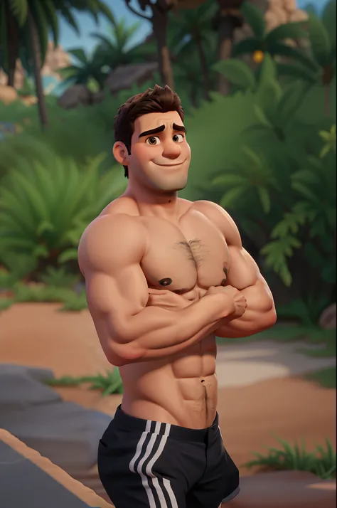 Um rapaz sem camisa musculoso com a Disney de fundo