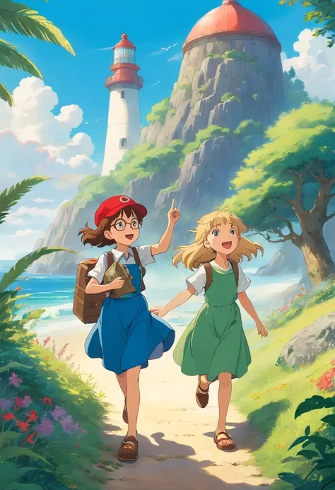 A boy with brown hair and a red cap; smiling; holding a treasure map; A girl with blonde braids; wearing a blue dress; is looking at the map with a curious look.
A little boy with spiked hair; wearing a green t-shirt; holding a treasure chest; is jumping e...