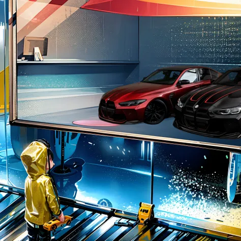 there is a man in a yellow raincoat standing in front of a car display, automotive design art, anime art vehicle concept art, in...