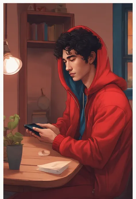 the main character Timur, a 28-year-old guy, Asian, curly black hair, is sitting at home in his room in a red hoodie and blue jeans and looking at a smartphone in his hands.