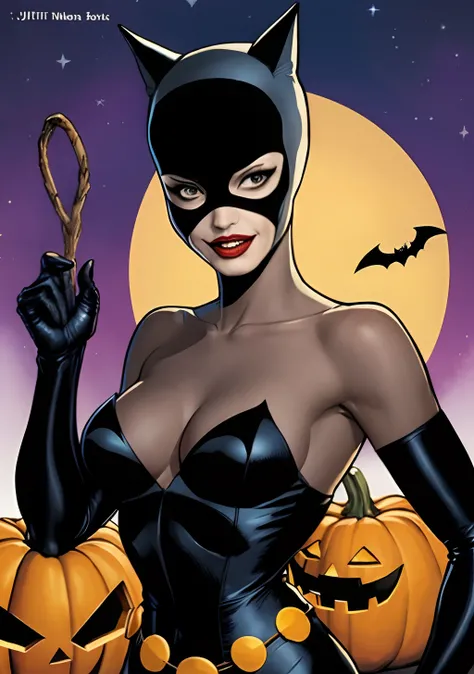 Halloween da Catwoman estilo DC Comics by Jim lee, Batman at Halloween party, With a Catwoman, witches and pumpkins