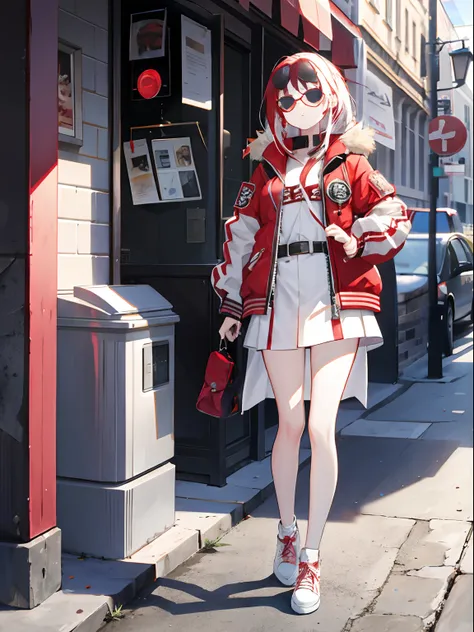 1girl, red and white hair, straight hair, clock, bomber, full body, blink, sun glasses, heatwavs