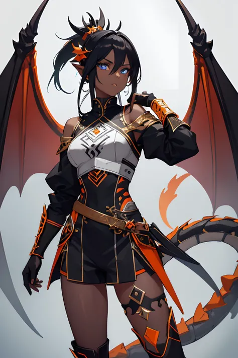 1girl , (((Dark Skin)))), Black Hair with Ponytail, (((Blue Eyes))), ((Black Metallic Gauntlets and Greaves with Orange and Silver Highlights)), (((The Clothes Have a Mix of Modern and Tribal))), (((The Clothes Have a Mix of Modern and Tribal))),  having m...