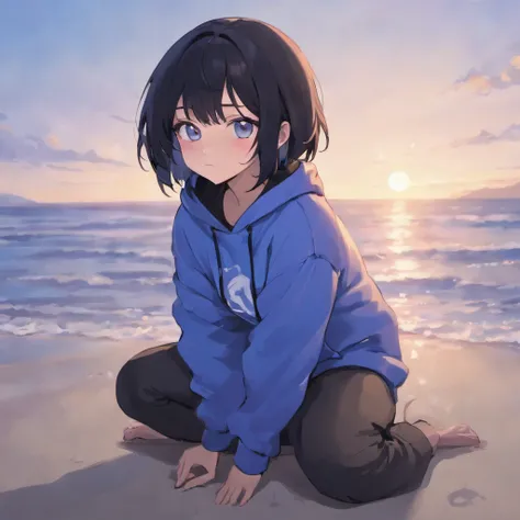 1girl, short black hair, light blue eyes, wearing plain purple hoodie, black sweat pants, sitting down, complete white background, peaceful, high res, masterpiece, looking at viewer, ultrasharp, 8k, sitting on beach, beach, waves, sunset