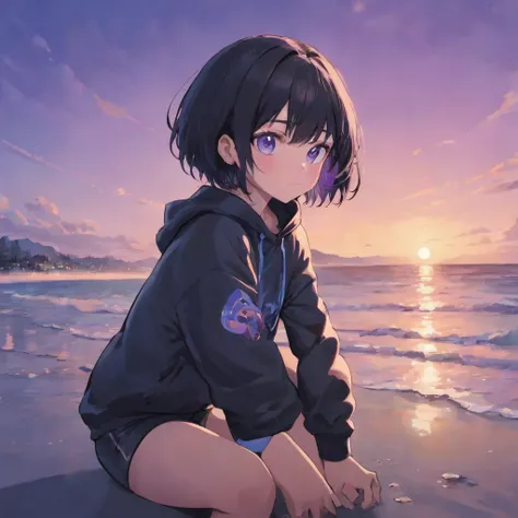 1girl, short black hair, light blue eyes, wearing plain purple hoodie, black sweat pants, sitting down, cuddling with duck, high res, masterpiece, looking at viewer, ultrasharp, 8k, beach, waves, sunset, beautiful skies