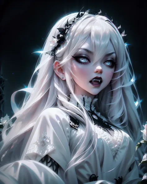 anime vampire princess, long white hair, gothic style, roses in hair, dark black eyelashes, white glow irises, fangs, light blue...