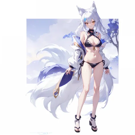 long hair, anime girl in a bikini with a cat ears and tail, holo is a wolf girl, fullbody commission for, fox nobushi, holo if a wolf girl, white - haired fox, white fox anime, oc commission, female fursona, full body adoptable, anime full body illustratio...