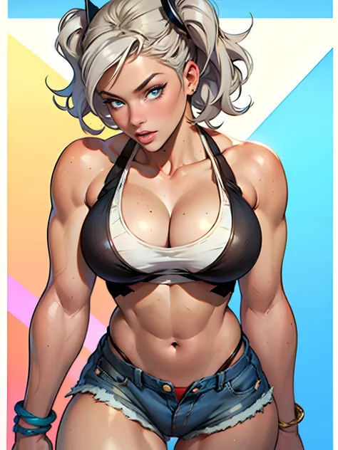 (high quality, best rendering), (beautiful girl), blue eyes, gray hair(bombshell, pin-up style), psychopath, crazy face, sexy pose, jean short shorts, tank top, pastel, centered, scale to fit dimensions, micro thong, micro bikini, camel toe