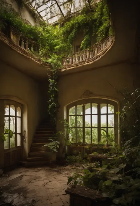 abandoned mansion, escada, one tree & Roots, Green post-apocalypse, Grama alta e grossa e selva, Everything is covered in plants, Drava e plantas, Crescendo em um prado, Bela arquitetura e interiores decorativos, An abandoned and overgrown hall, Post-apoca...