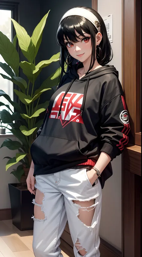 masterpiece, yor, 1girl, solo, looking at viewer, cute smile, black hair, red eyes, wearing Streetwear Hoodie, black jeans, jewelry, sidelocks, hairband, earrings, indoors, arms behind back, plant, short hair with long locks, white hairband, big side hair,...