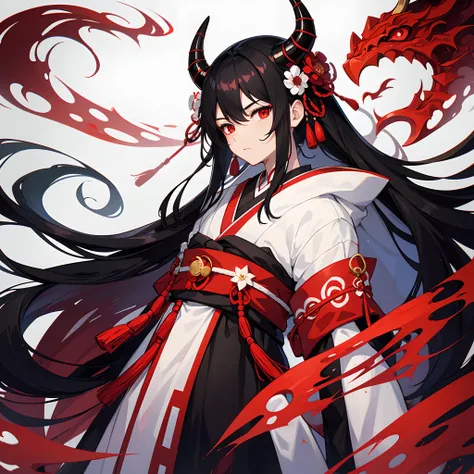 1 boy,long black hair,red eyes,large oni horns,wearing a white and red traditional japanese noble attire with flower pattern,high quality,high detail