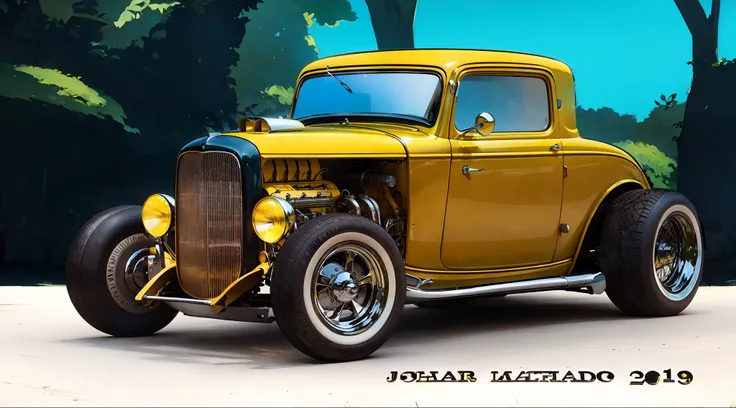 Beautiful yellow 1932 Ford car in front of a lawn surrounded by greenery and a blue sky in the background