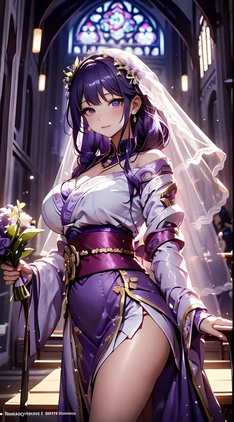 in church, lavender violet color, a woman in a wedding dress，holds a bouquet of flowers, lalisa manobal, album art, official art...