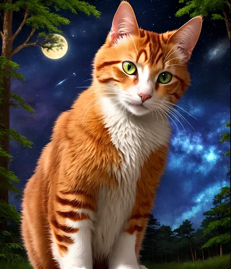 Ginger she cat with white markings and amber eyes in front of a starry forest