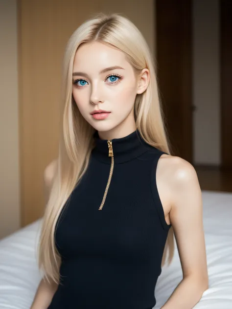 Beautiful woman in fantastic space, Golden dress, Mini dress with a high collar、One piece with buttons all the way down、In the city、full bodyesbian、Walking towards us、98k, {{masutepiece}}, Best Quality, High quality:1.4), On-bed，{{[[front look}}, eye_Conta...