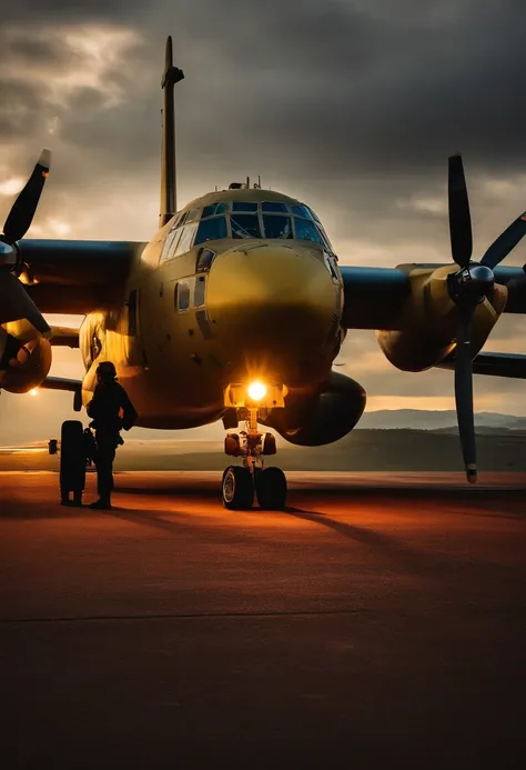 Criar um paraquedista brasileiro, armado e equipado, pronto para salta, com um c-130 de fundo em um entardecer.