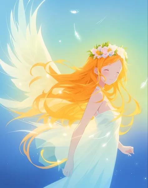 beautiful angel girl in white dress, angel dress, puffy ballgown, ((large white angel wings)), ((white glowing feathers)), angel, angelic, angel girl, long golden hair, watercolor illustration, inspired by Glen Keane, inspired by Lois van Baarle, disney ar...