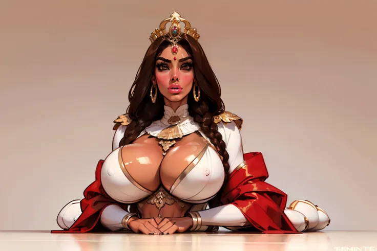 ((Doggystyle pose:1.4)), ((masterpiece)),(((best quality))),((looking at viewer)), ((full body view)) (((Indian empress))) mature face, ((middle eastern eyes:1.4)), ((empress gown)), intricate breastplate, defined cheekbones, high cheekbones, illustration,...