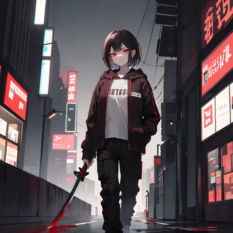 Matured girl, night, blood on face, holding a katana, serious cold face, short black hair, brown eyes, wearing a hoodie jacket, baggy pants, walking, city, cyberpunk, dark tone, absurdres, high res, ultrasharp, 8K, masterpiece, looking at viewer