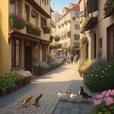 Radiant Celestial city with people walking on the golden streets and children playing with cute  cats and dogs. Flowers planted on the side of the paths with birds flying over them.