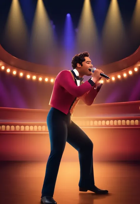 Singer and actor singing solo on the stage of a musical theatre show, dynamic movements, felicidade. Ao fundo, uma plateia lotada e animada, estilo poster disney pixar, 3d, digital art, realista, 4k, high quality