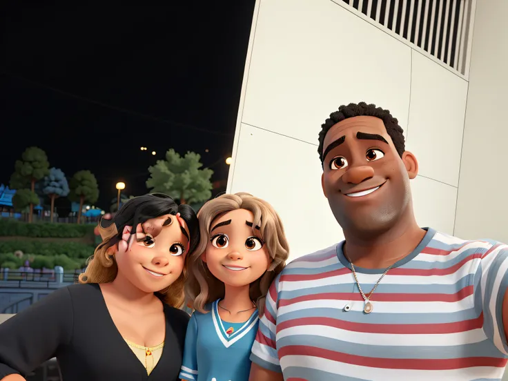 Um homem negro, A child and a woman in the style of Disney Pixar, alta qualidade, melhor qualidade, with background in amusement park